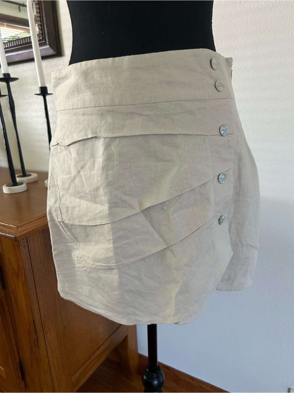 Beige Linen Blend Lined Mini Skirt
